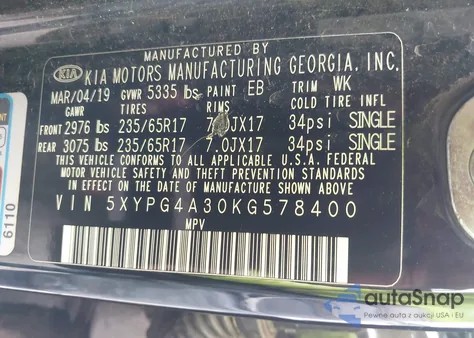 2019 Kia Sorento 2.4L L from USA, damaged, VIN 5XYPG4A30KG578400